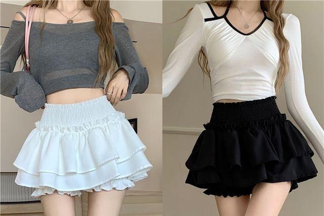 High Waist Plain Ruffled Mini A-Line Layered Skirt Product Image