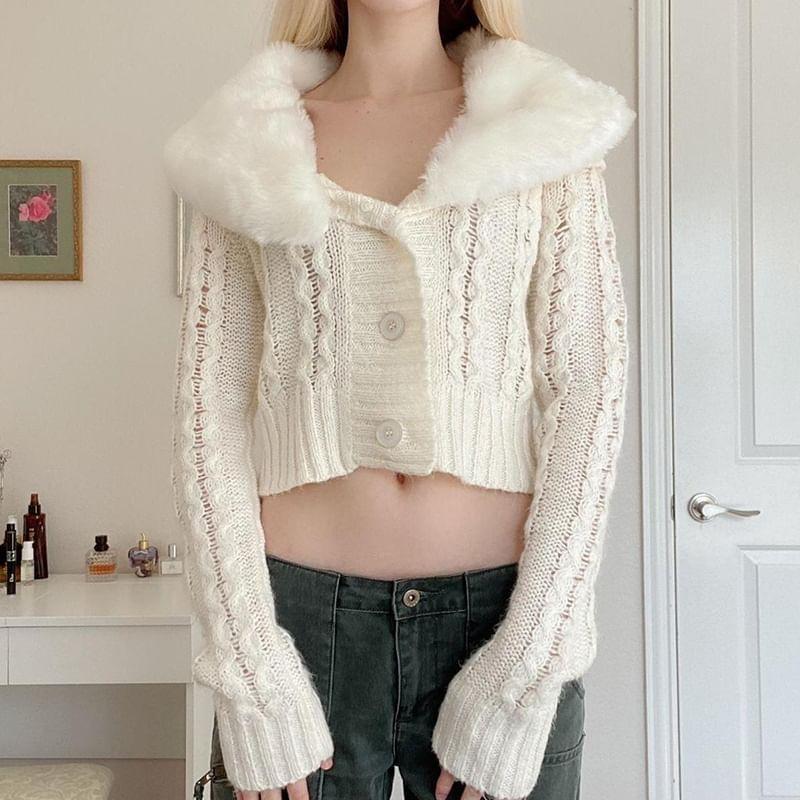 Collar Plain Fluffy Trim Cable-Knit Cropped Cardigan Product Image