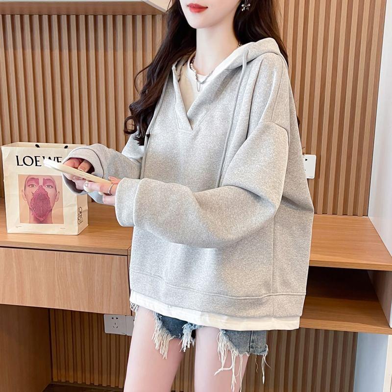 Mock Two-Piece Round Neck Two Tone Drawstring Hoodie Product Image