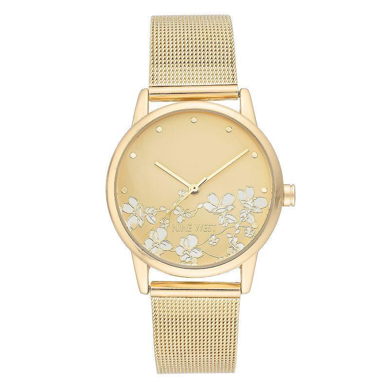 Nine West Womens Stainless Steel Mesh Bracelet Watch with Flower Dial Gold Tone Product Image