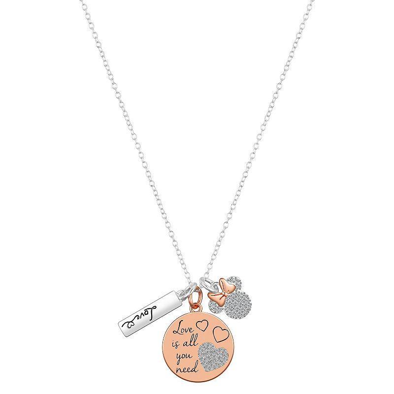 Disneys Minnie Mouse Two-Tone Cubic Zirconia Love Is All You Need Triple Pendant Necklace, Womens Two Tone Product Image