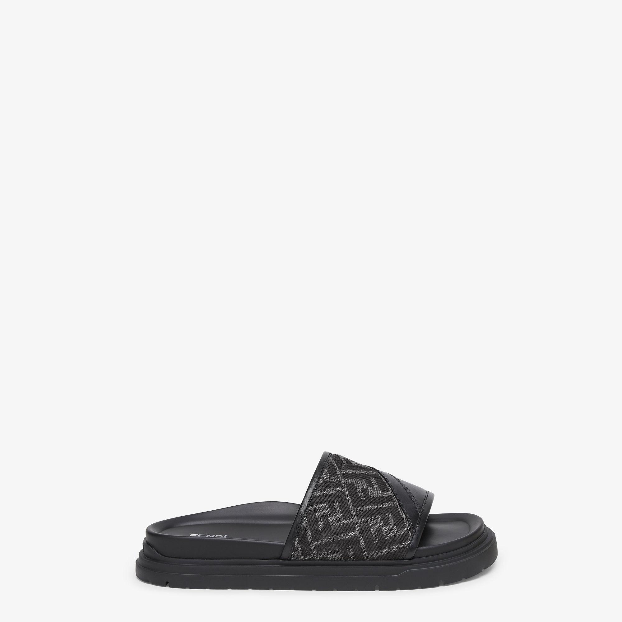 Fendi Diagonal SlidesGray FF jacquard and black leather slides Product Image