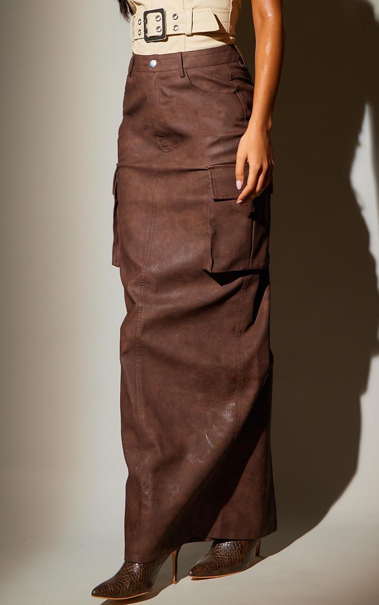 Tall Washed Brown Faux Leather Pocket Detail Maxi Skirt Product Image