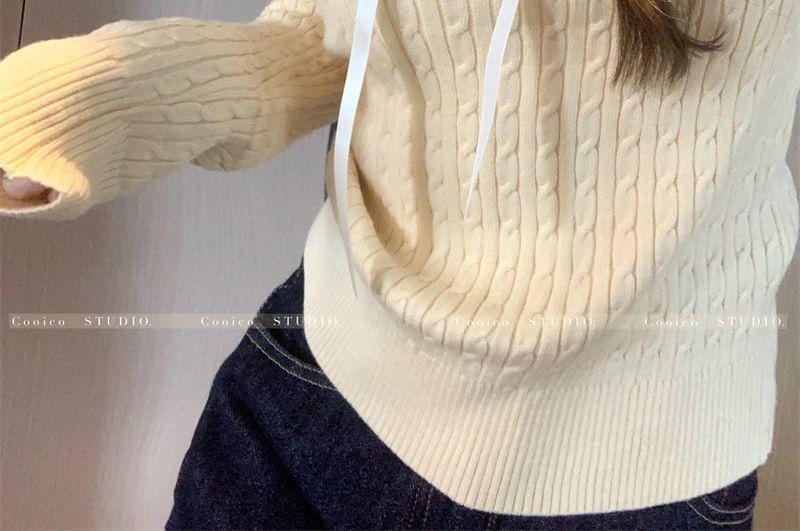 Long-Sleeve V-Neck Bow Accent Frill Trim Cable Knit Top Product Image