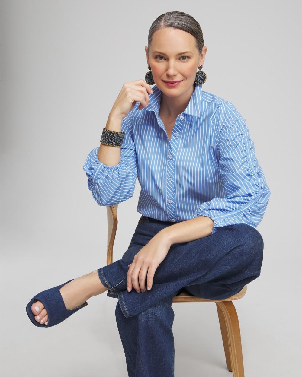 Poplin Stripe Ruched Sleeve Shirt Product Image