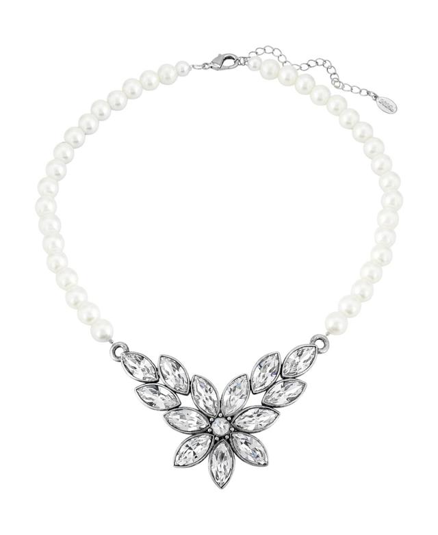 1928 Silver Tone Simulated Crystal Flower Frontal Necklace, Womens, White Product Image