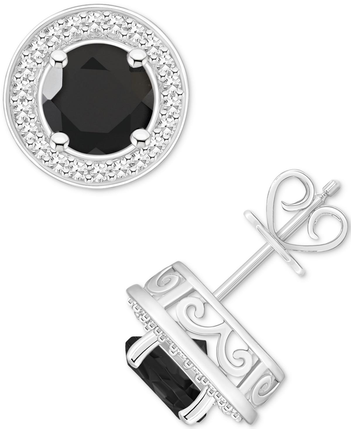 Celebration Gems Sterling Silver Round Gemstone & 1/5 Carat T.W. Diamond Halo Stud Earrings, Womens, Black Product Image