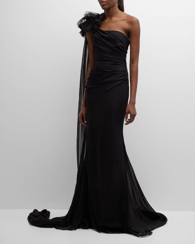 Chiffon Draped One-Shoulder Gown with Floral Detail Product Image