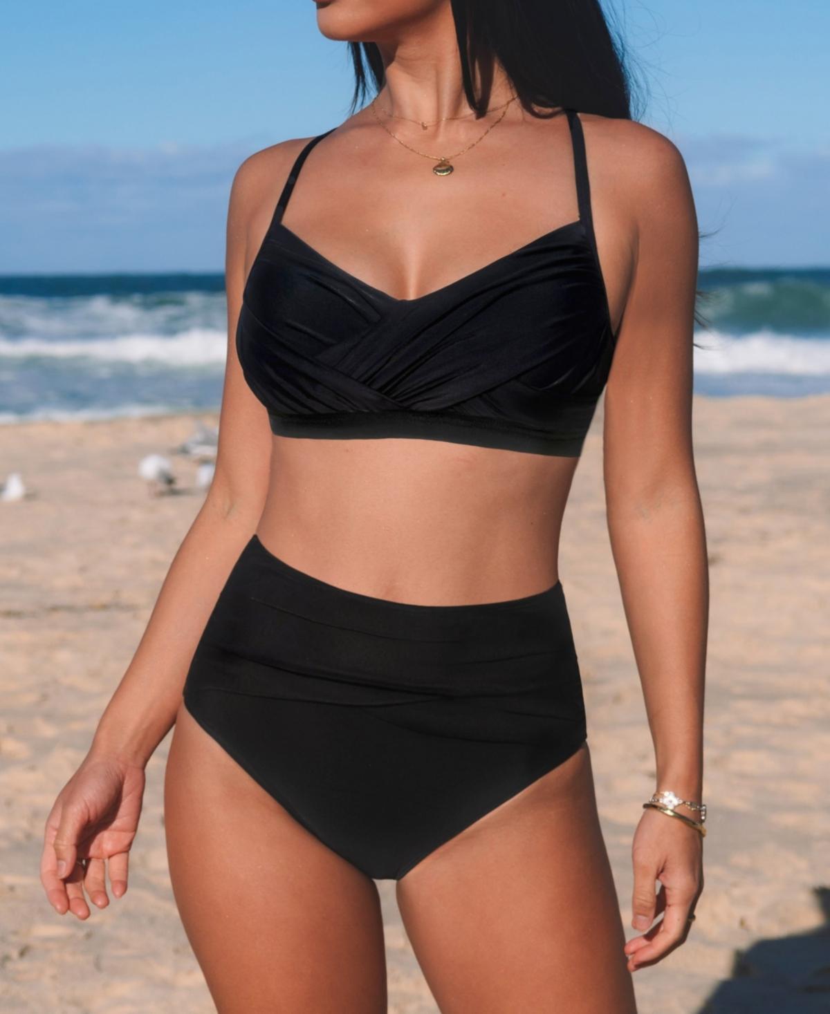 Cupshe Womens Onyx Lace-Up Bikini Top & Ruched Bottoms Set Product Image