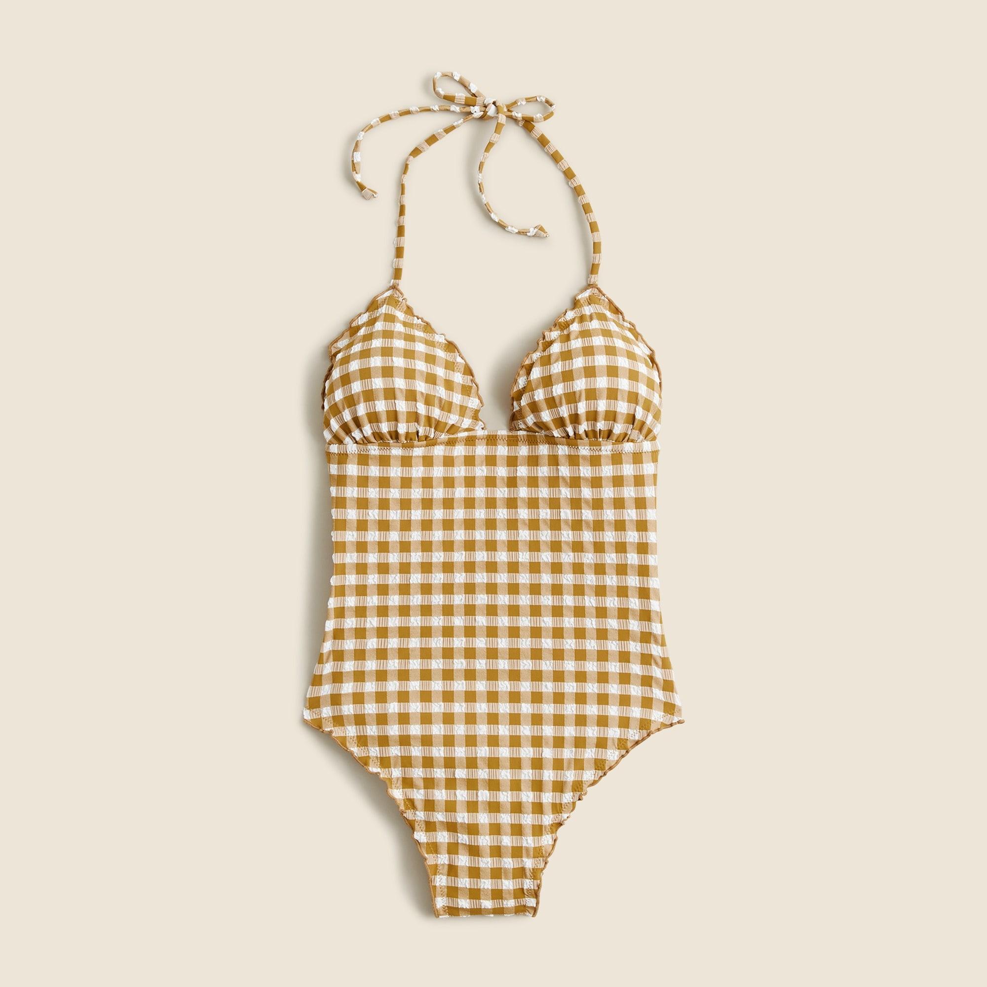 Ruched plunge one-piece swimsuit in gingham Product Image