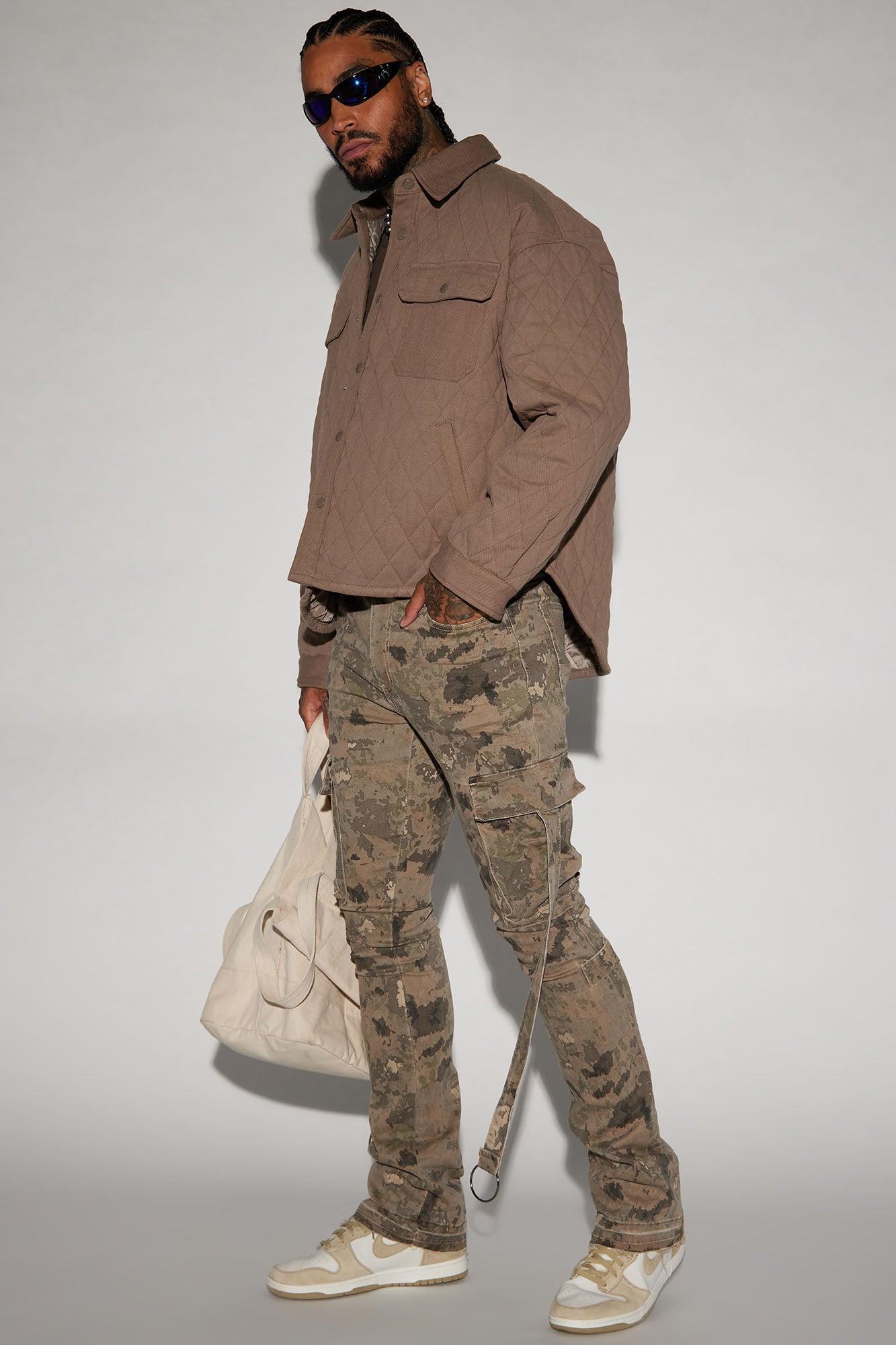 Long Time Buckle Stacked Skinny Flare Pants - Camouflage Product Image