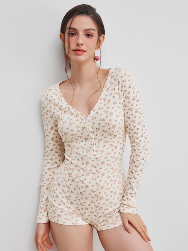 V-neck Floral Button Lounge Romper Product Image