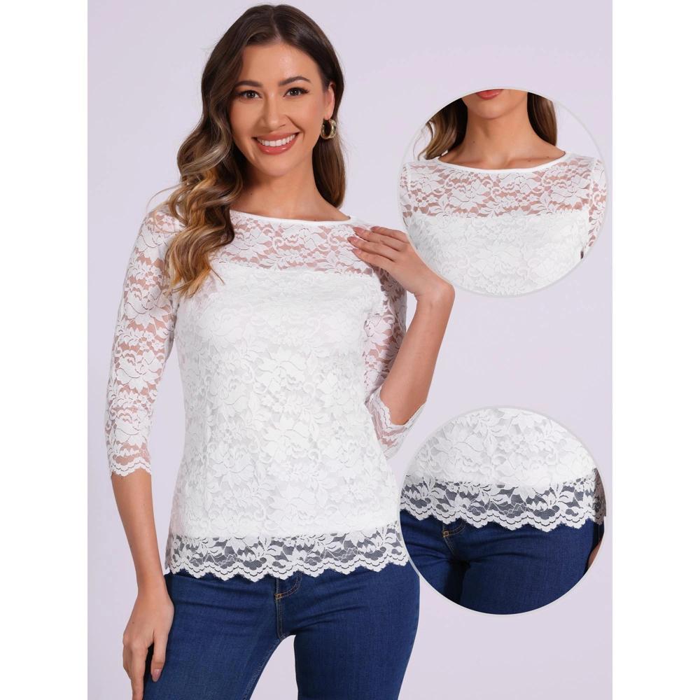 INSPIRE CHIC Women's Floral Lace 3/4 Sleeve Crew Neck Casual Elegant Blouse White X-Small Product Image