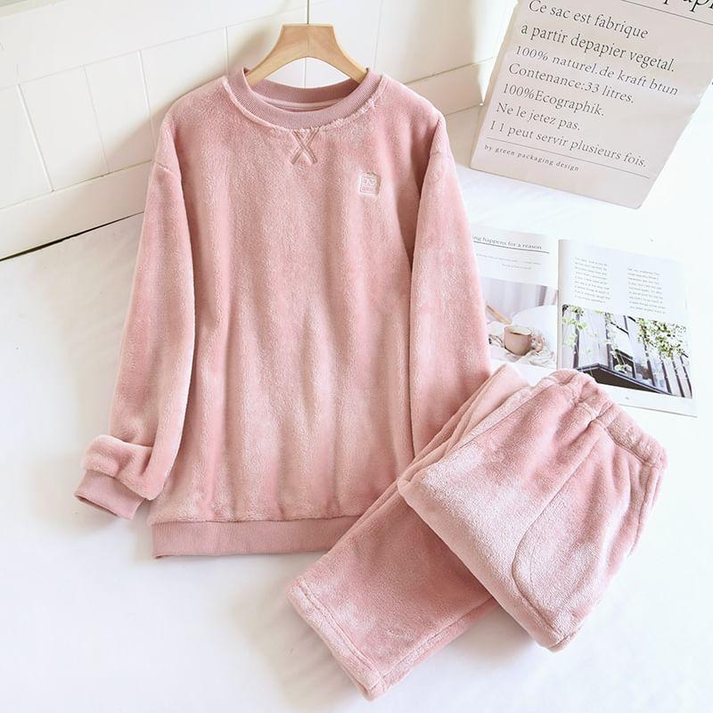 Couple Matching Pajama Set: Crew Neck Embroidered Fleece Sweatshirt + Plain Pants Product Image