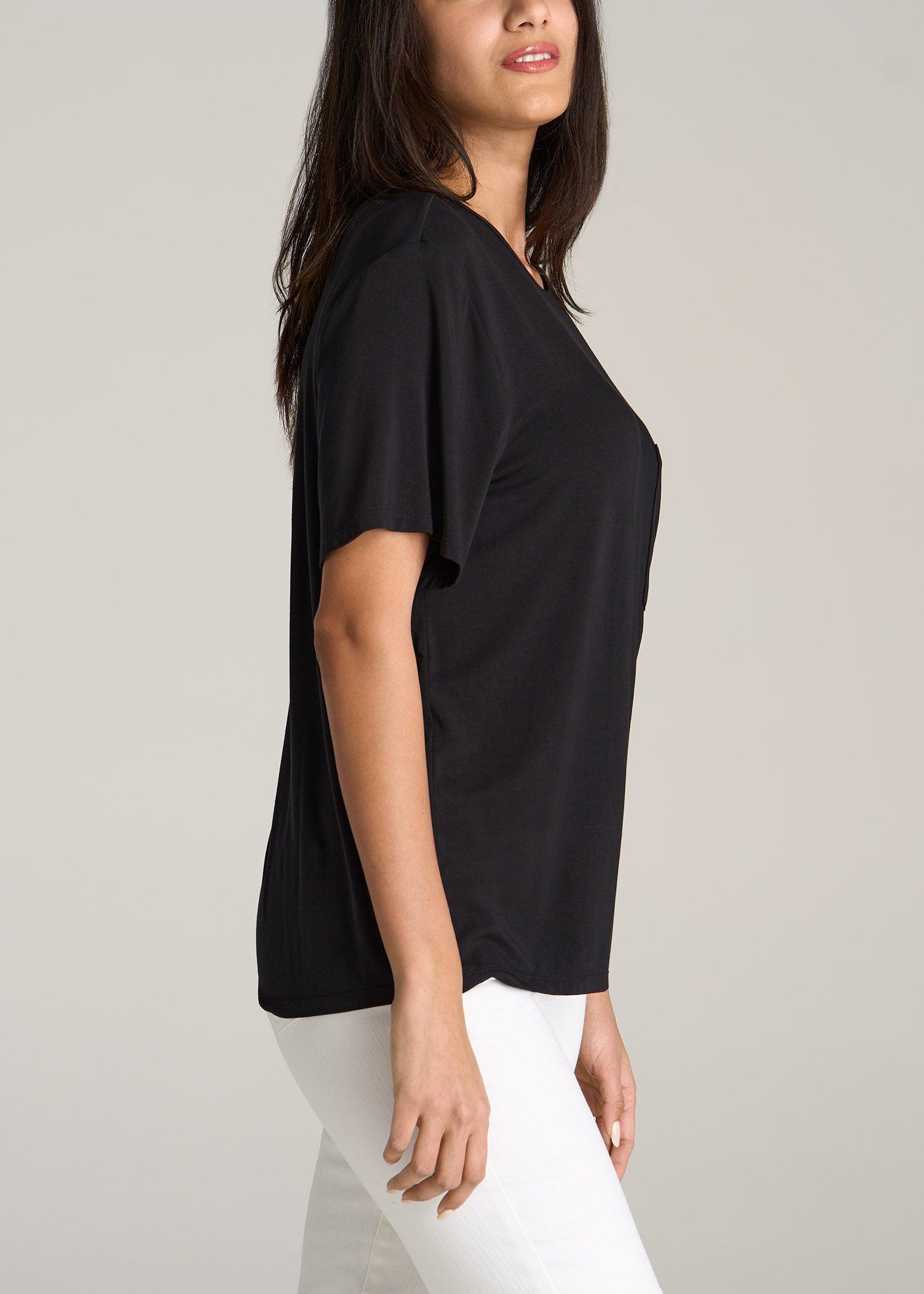 Short-Sleeve Oversized Crewneck Pocket T-Shirt for Tall Women in Black Female Product Image