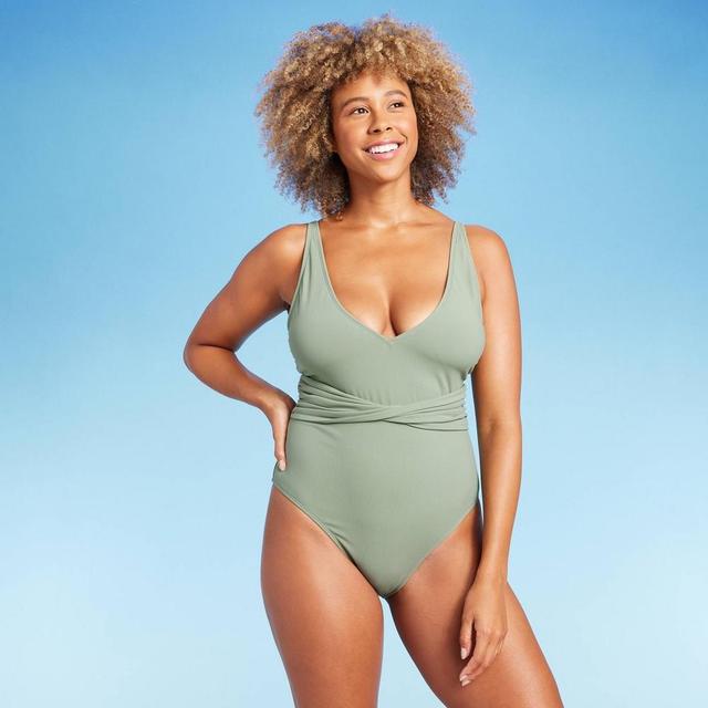 Womens Ribbed Plunge Twist-Front One Piece Swimsuit - Shade & Shore L Product Image