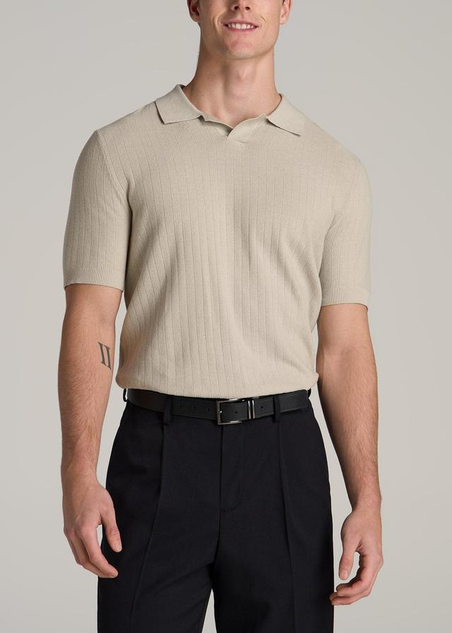 Linen Blend Ribbed Knit Polo Shirt for Tall Men in Stone Product Image