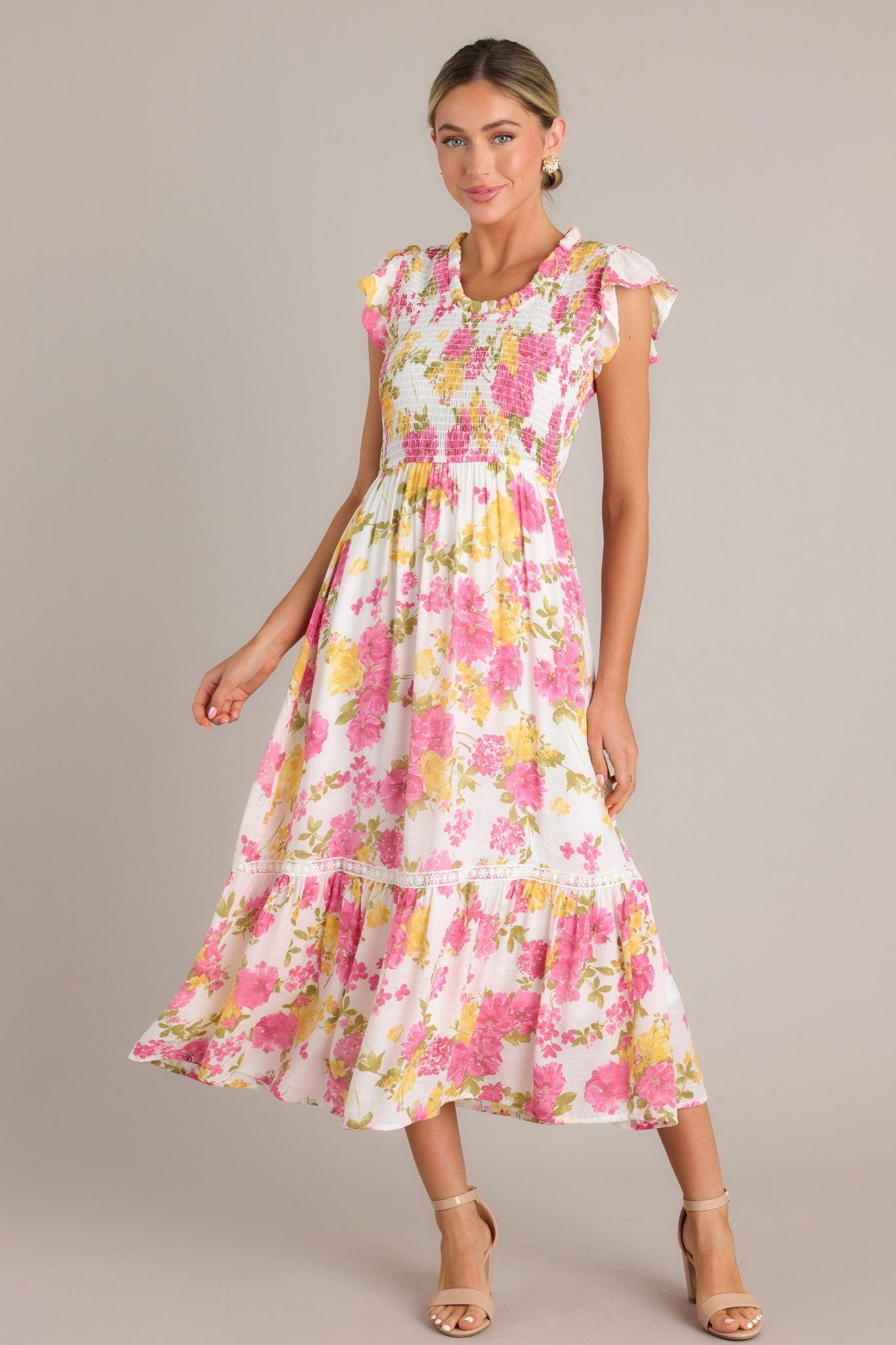 Bloom Burst White Multi Floral Midi Dress Product Image