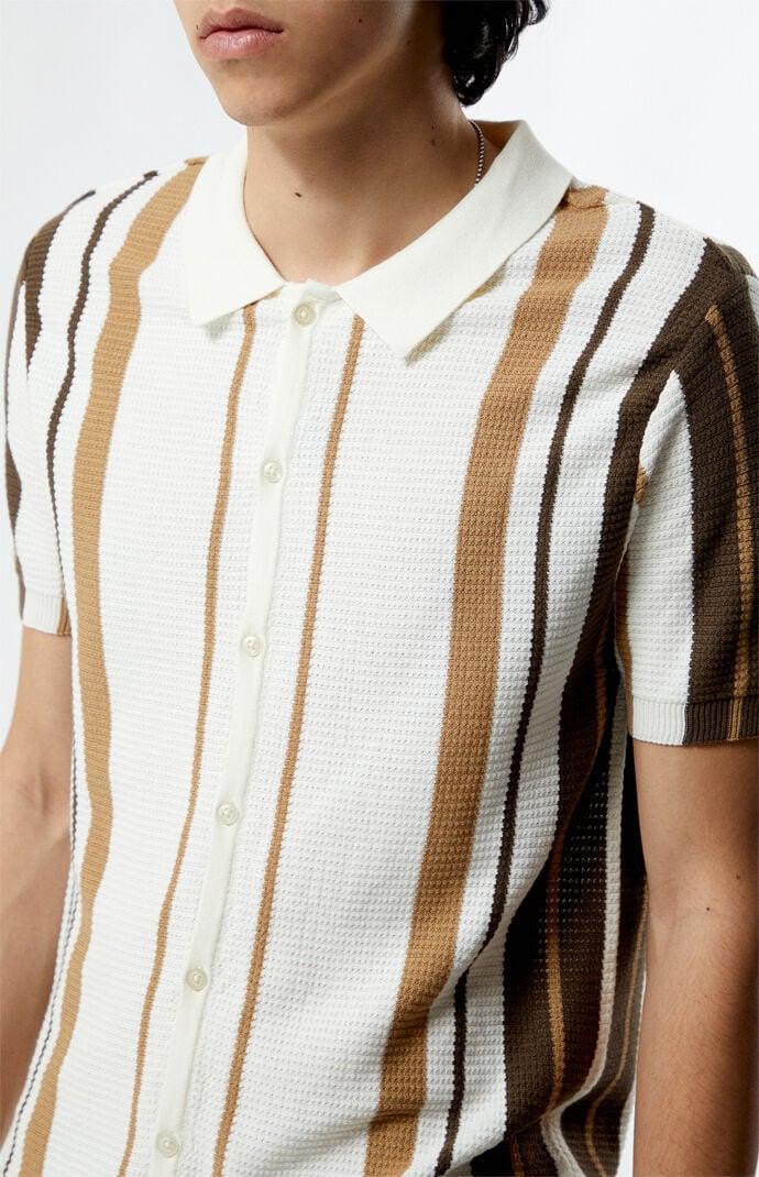 Men's Tan Button Down Polo Shirt in Cream/Brown - Product Image