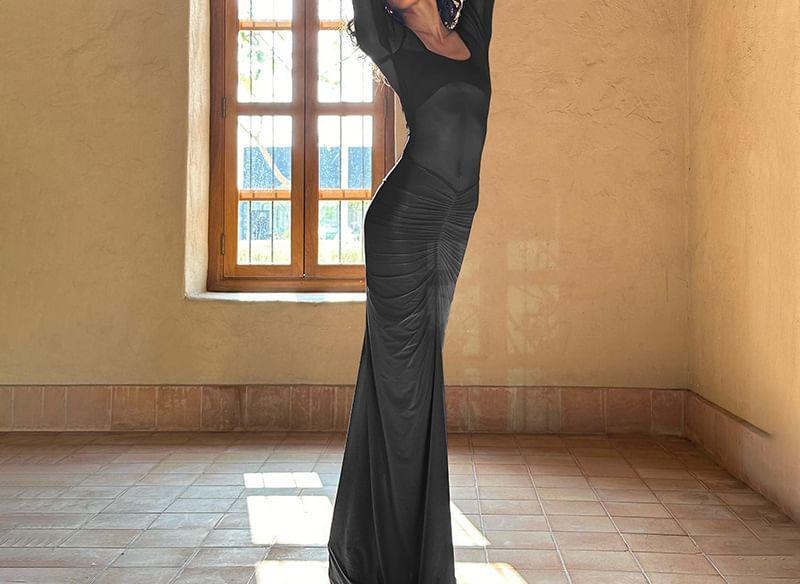 Long Sleeve Square Neck Plain Ruched Sheer Bodycon Maxi Dress Product Image