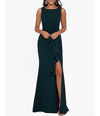 Betsy  Adam Stretch Scuba Crepe Boat Neck Sleeveless Cascading Ruffle Gown Product Image