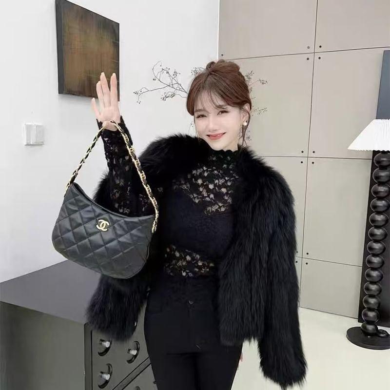 Long-Sleeve Mock Neck Padded Lace Crop Top Product Image