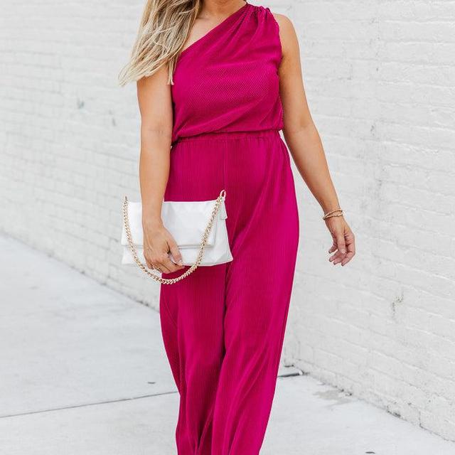 Believe Me Berry One Shoulder Plisse Jumpsuit FINAL SALE Product Image