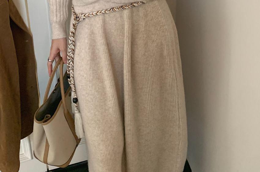 Set: Long-Sleeve Plain Knit Top + High Waist Maxi Skirt Product Image