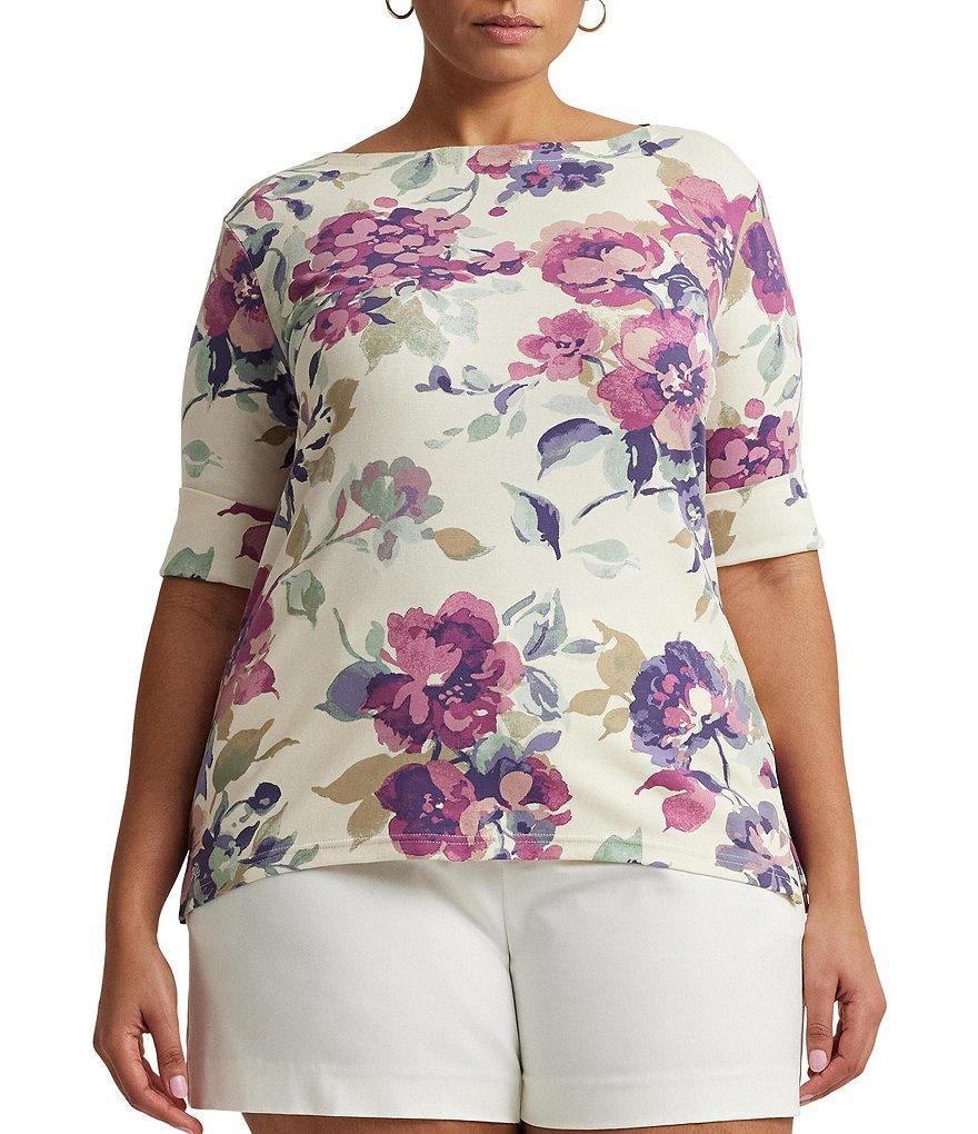 Lauren Ralph Lauren Plus Size Floral Stretch Boat Neckline 3/4 Sleeve Tee product image