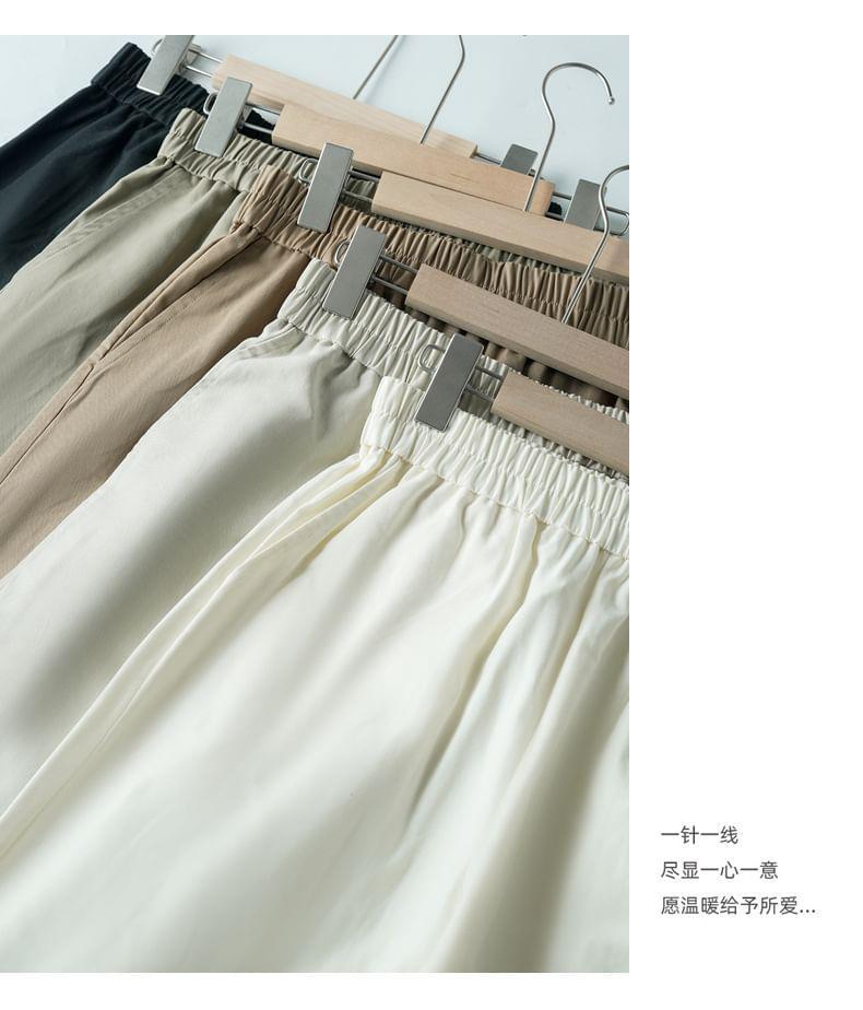 Elastic Waist Plain Roll Up Hem Cropped Wide Leg Pants Product Image