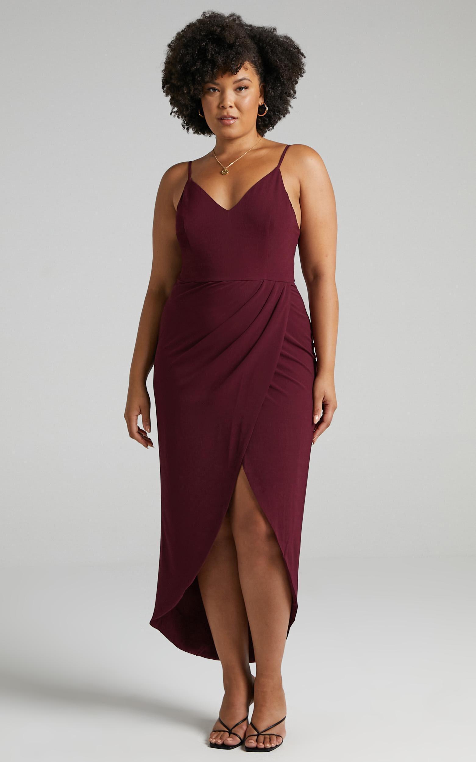 Lucky Day Midi Dress - V Neck Drape Dress in Wine Product Image