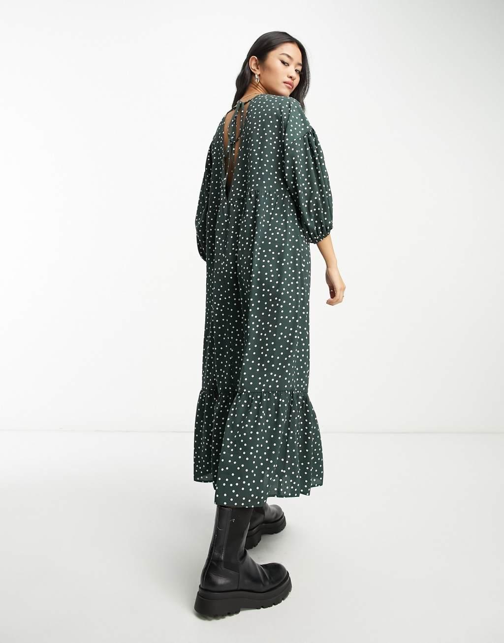 ASOS DESIGN chuck on smock midi dress in bottle green spot Product Image