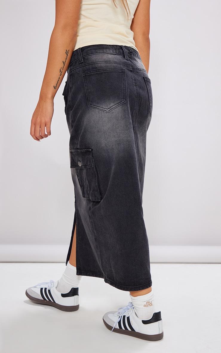 Petite Washed Black Denim Cargo Midaxi Skirt Product Image