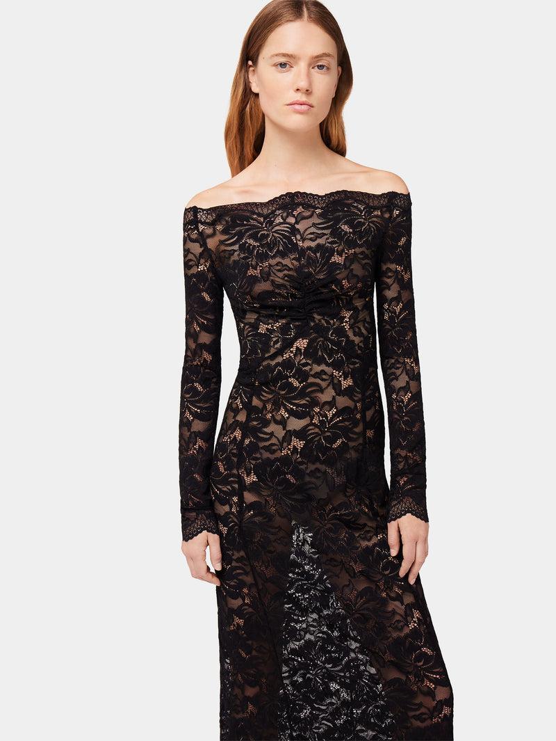 Long Black lace dress with bardot collar Product Image