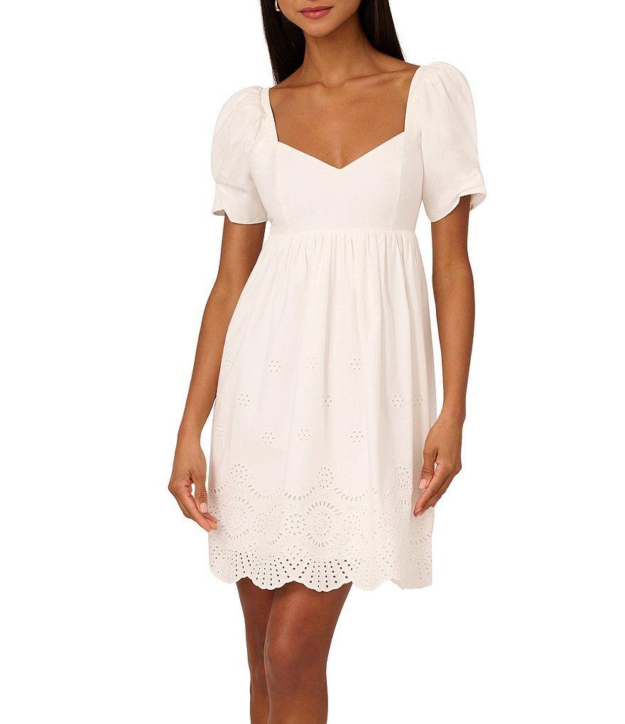 Adrianna by Adrianna Papell Sweetheart Neckline Short Puff Sleeve Eyelet Hem Mini Dress Product Image