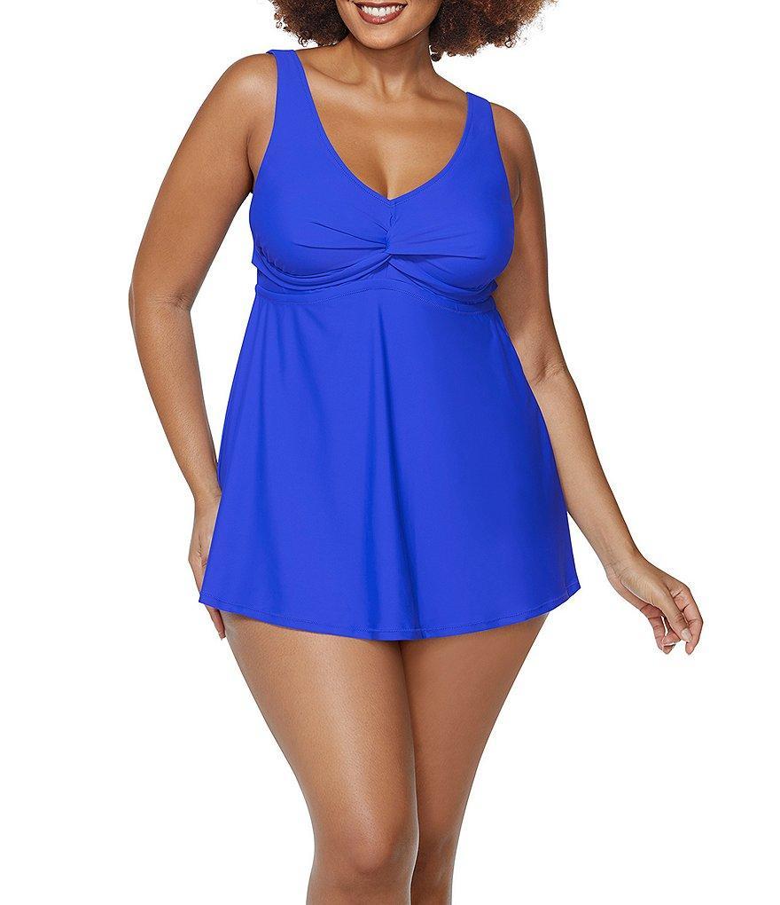 Raisins Curve Plus Size Tranquilo Solids Lucia V-Neck Front Twist Tummy Thinner One Piece Swim Dress Product Image