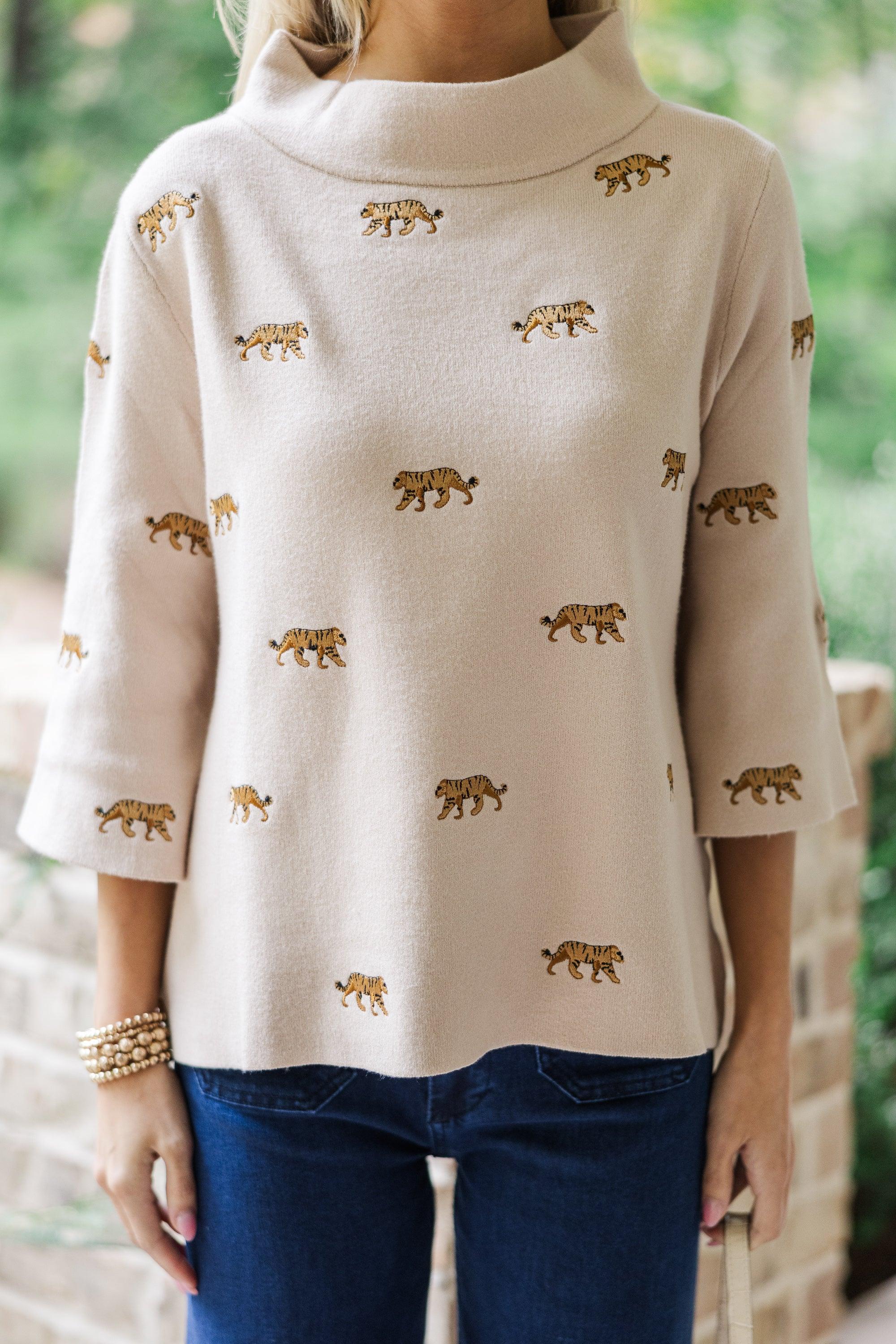 It All Works Taupe Tiger Embroidered Sweater Female Product Image