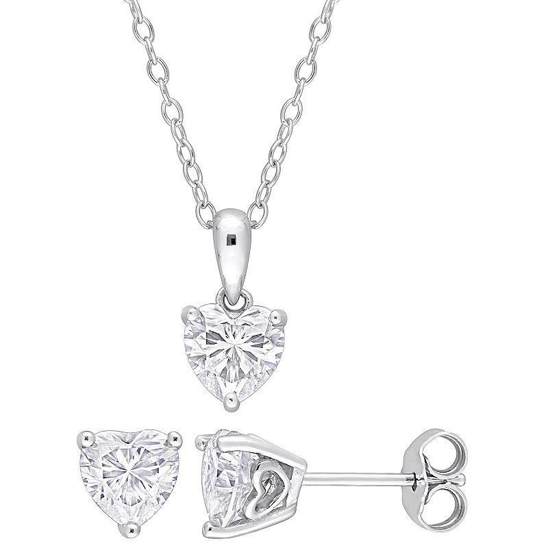 Stella Grace Sterling Silver Lab-Created Moissanite Heart Solitaire Earrings & Pendant Necklace Set, Womens White Product Image