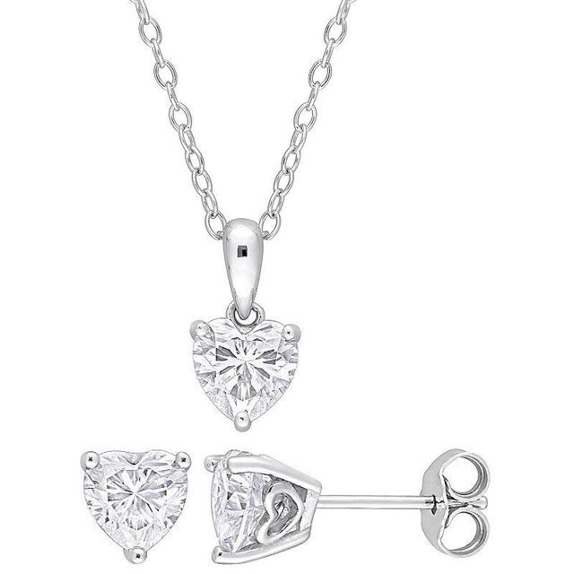 Stella Grace Sterling Silver Lab-Created Moissanite Heart Solitaire Earrings & Pendant Necklace Set, Womens White Product Image