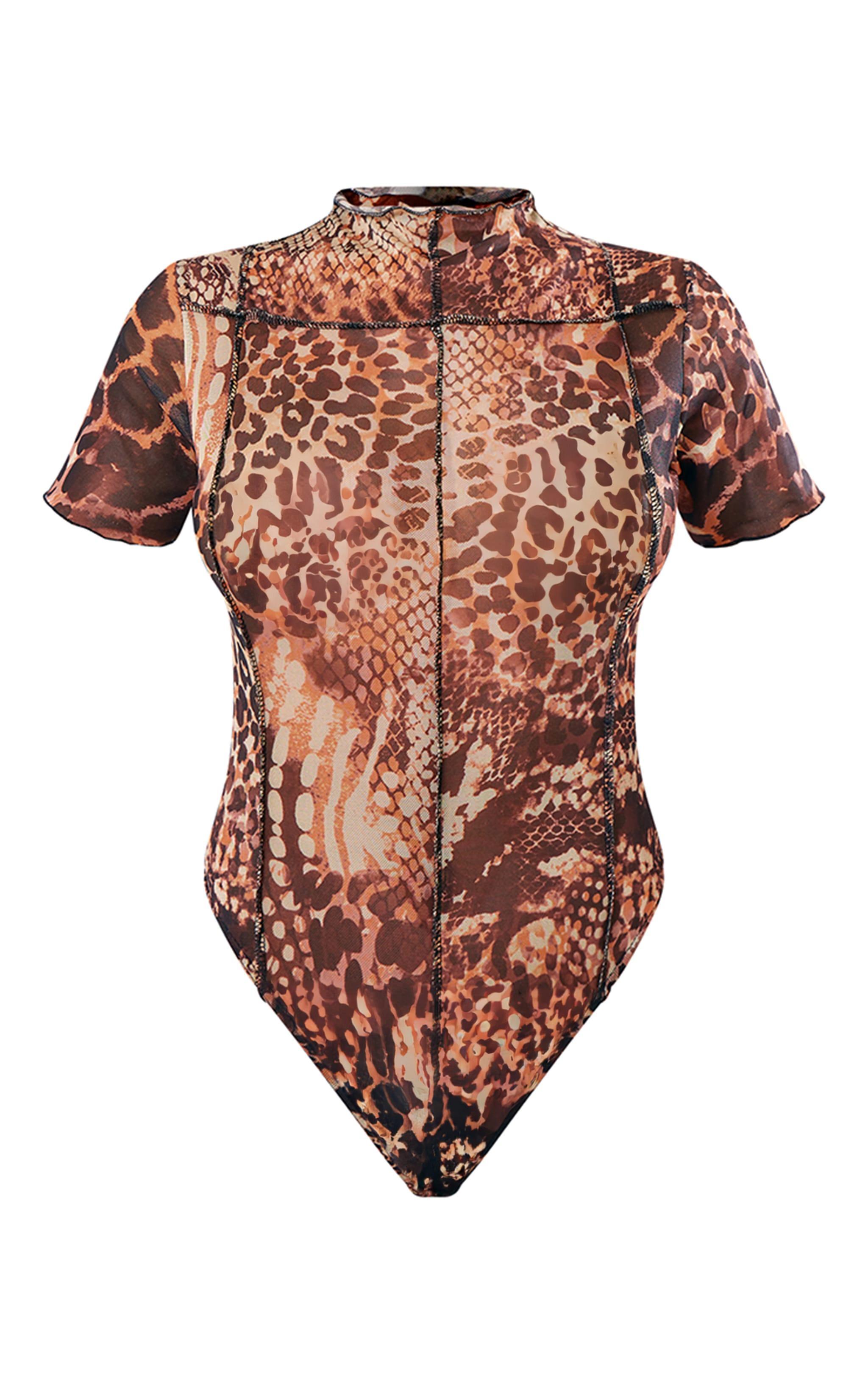 Brown Leopard Print Mesh Exposed Seam Bodysuit Product Image