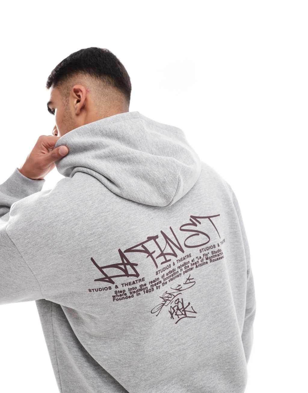 ASOS DESIGN oversized boxy hoodie with seam detail and graffiti print in gray heather Product Image