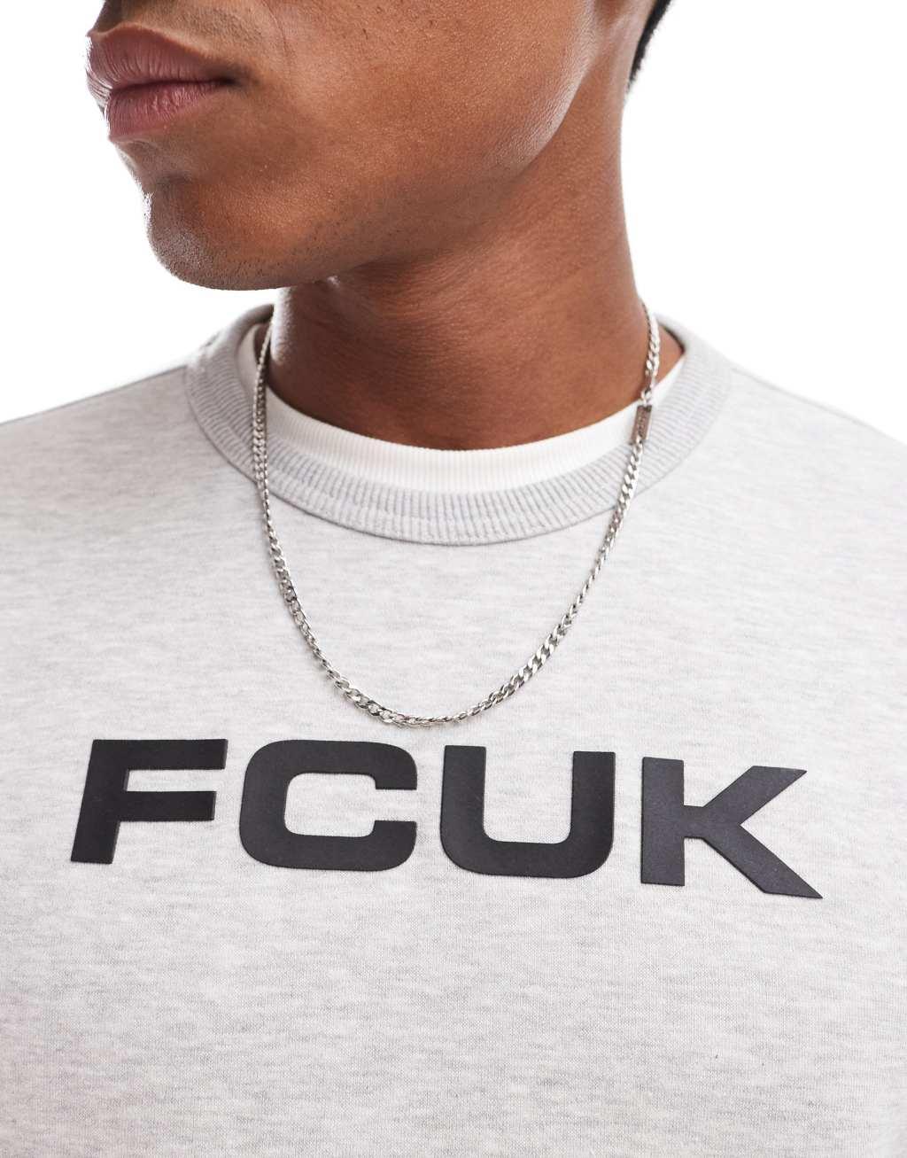 FCUK chest logo crew sweatshirt in light gray melange Product Image