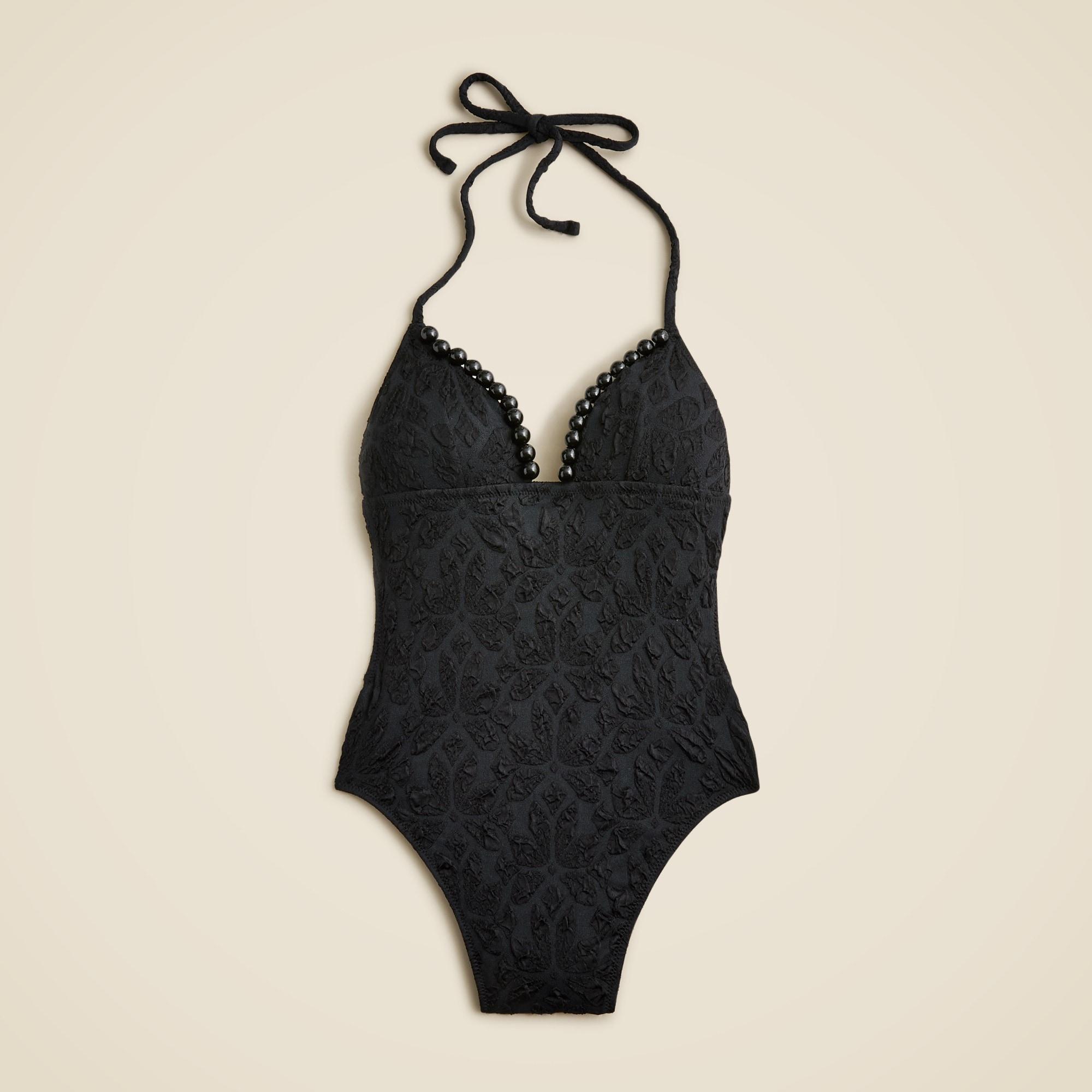 Cloque one-piece swimsuit with beaded trim Product Image