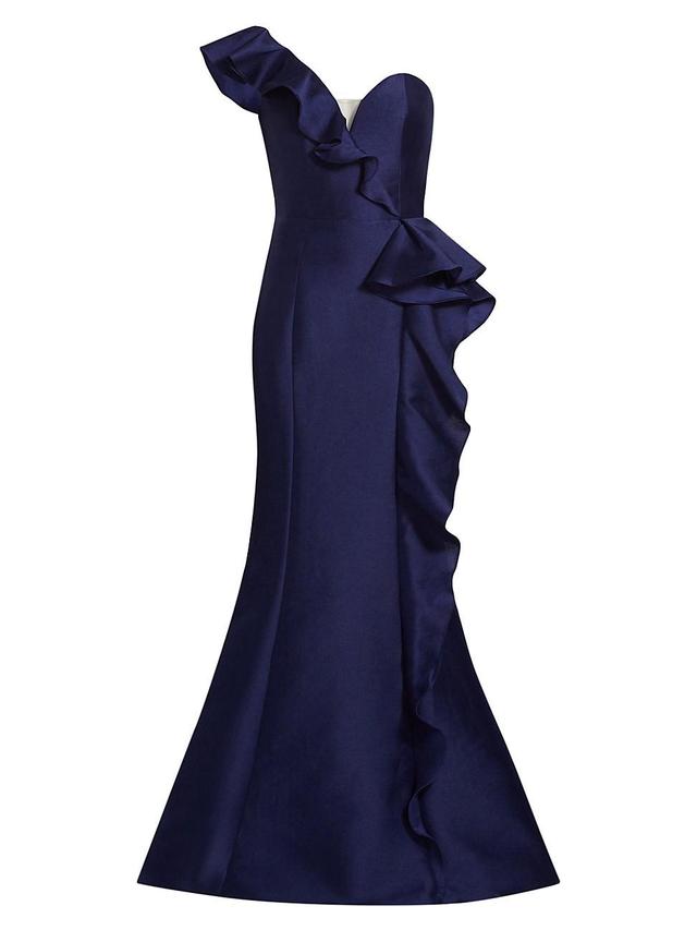 Womens Satin Ruffle One-Shoulder Trumpet Gown Product Image