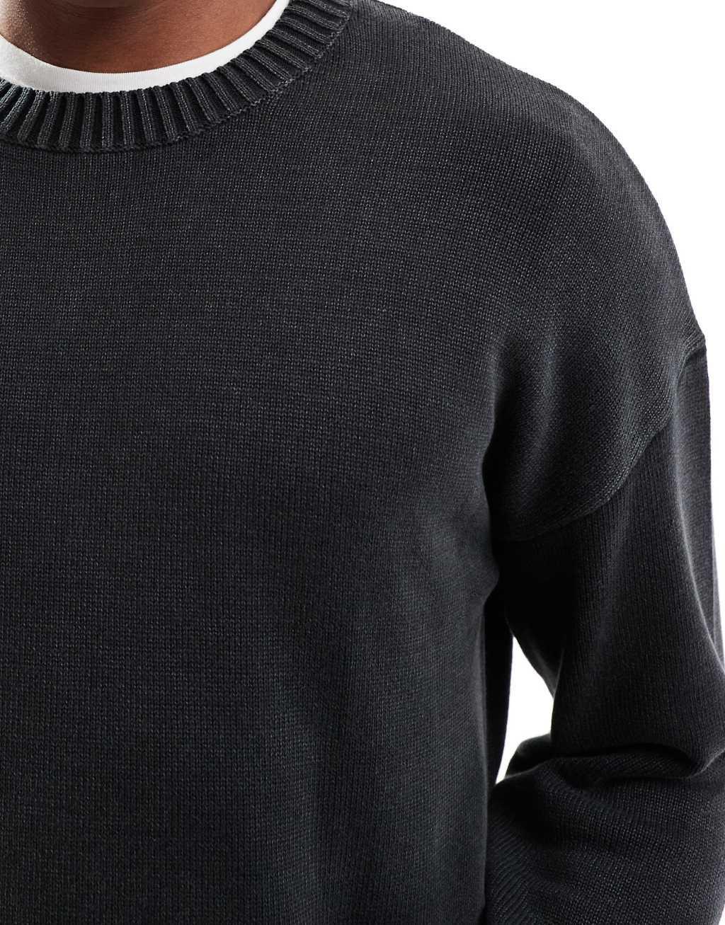 ASOS DESIGN washed relaxed knit crew neck sweater in black  Product Image