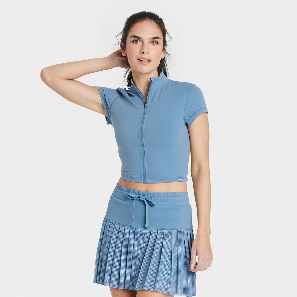 Womens Zip-Front Short Sleeve Top - JoyLab Blue XS Product Image