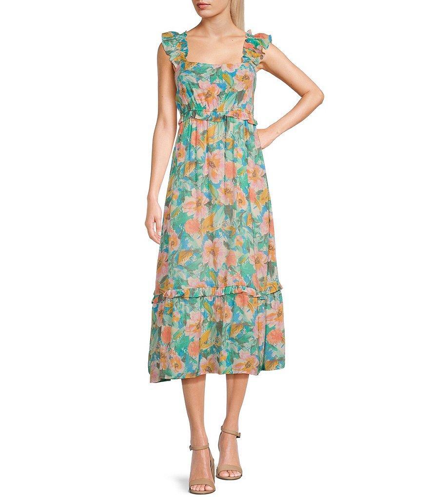 Blu Pepper Sleeveless Floral Print Ruffle Strap Midi Dress Product Image