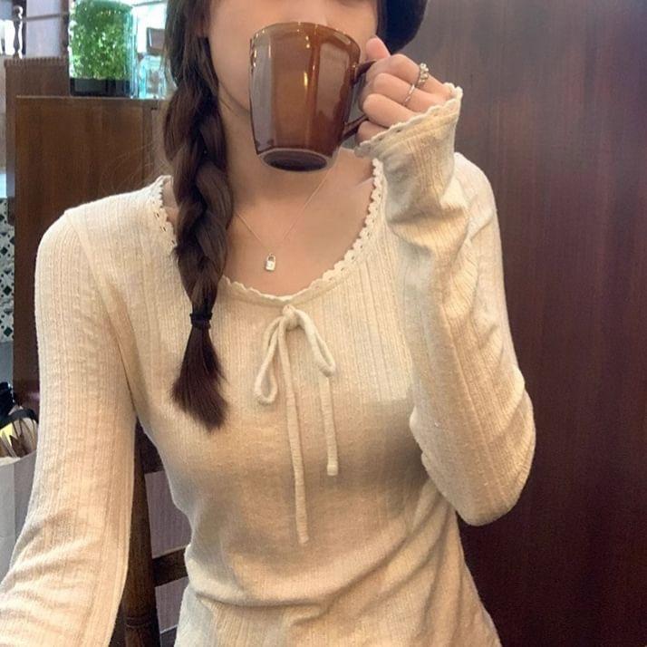 Long Sleeve Lace-Trim Bow Accent Plain Slim-Fit Knit Top Product Image