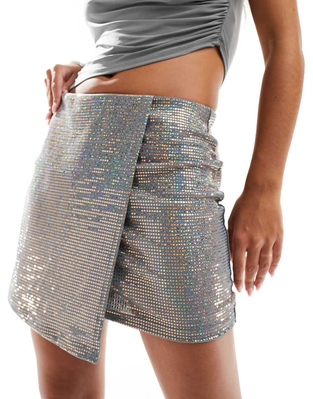 Only wrap mini skirt in silver sequin  Product Image