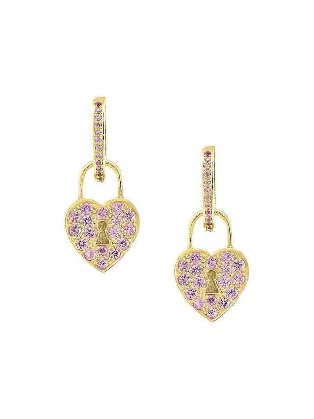 Womens Heart Lock 18K Yellow Gold & Pink Sapphire Drop Earrings Product Image